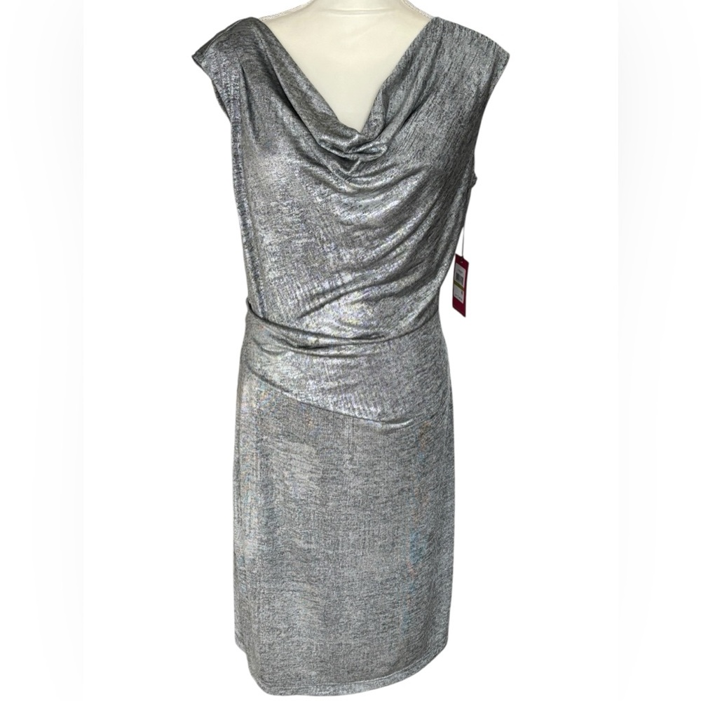 NWT - Vince Camuto Metallic Silver Cowl Neck Sheath Midi Dress